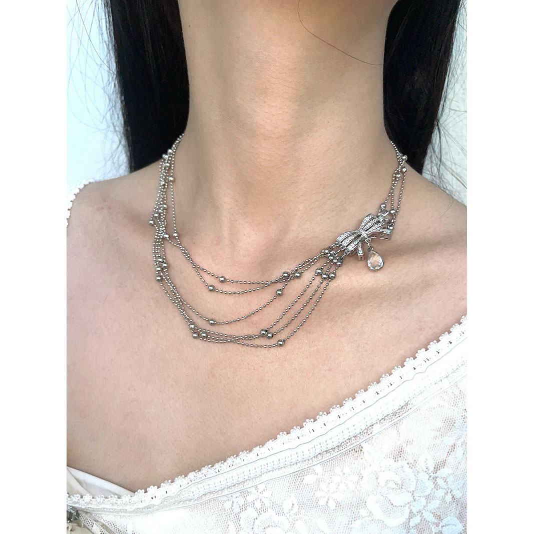 Elegant Silver Bowknot Collarbone Chain Multi-Layer Necklace for Women - High-End Light Luxury Socialite Accessory