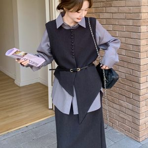 Elegant Three-Piece Set for Women: Spring 2025 Shirt Vest and Skirt Outfit, Trendy High-End Fashion