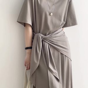 Elegant Waist-Cinching Round Neck Short Sleeve Dress with Shawl Belt - 2025 Summer Minimalist Two-in-One Loose Long Dress