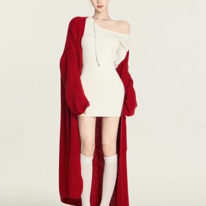 Elegant White Asymmetrical Neck Knitted Bodycon Mini Dress for Women - Long Sleeve, Waist-Defined, 90s Inspired Spring Fashion
