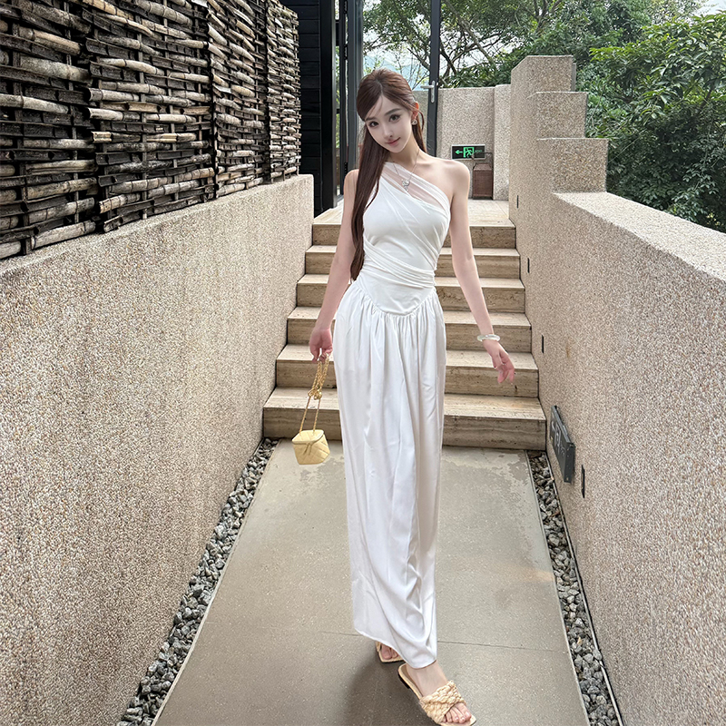 Elegant White Egret Muse High-End Slim Fit Mid-Length Dress for Women - Summer Spliced High Waist Skirt, Chic Fashion