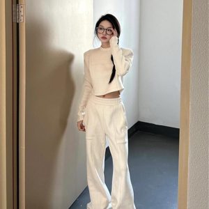 Elegant White Knitted Sweatshirt Set for Women - Autumn Winter 2023, High-End Quality, Wide-Leg Pants, Draped Two-Piece Outfit