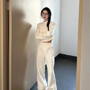 Elegant White Knitted Sweatshirt Set for Women - Autumn Winter 2023, High-End Quality, Wide-Leg Pants, Draped Two-Piece Outfit