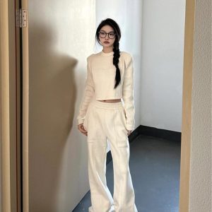 Elegant White Knitted Sweatshirt Set for Women - Autumn Winter 2023, High-End Quality, Wide-Leg Pants, Draped Two-Piece Outfit