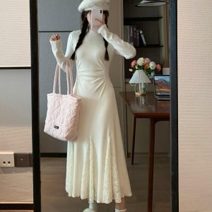 Elegant White Mermaid Dress with Knit Layer, French-Style Spring Fashion, Sweet Delicate Design for Effortless Layering.
