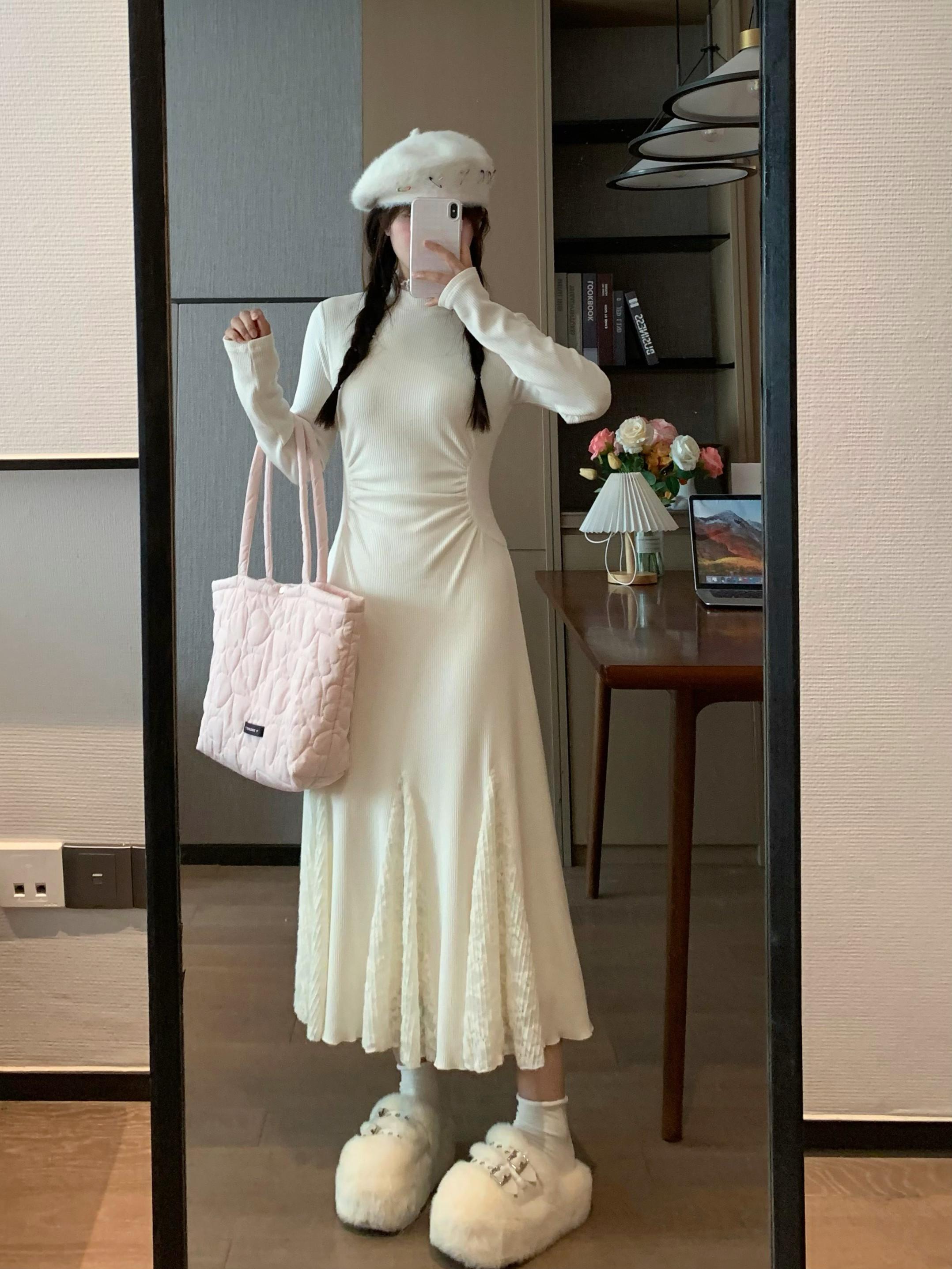 Elegant White Mermaid Dress with Knit Layer, French-Style Spring Fashion, Sweet Delicate Design for Effortless Layering.