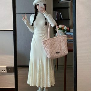 Elegant White Mermaid Dress with Knit Layer, French-Style Spring Fashion, Sweet Delicate Design for Effortless Layering.