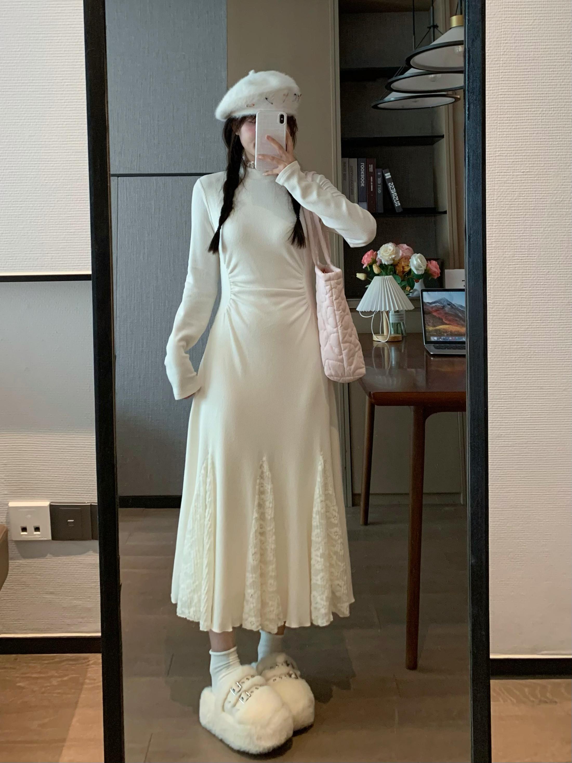 Elegant White Mermaid Dress with Knit Layer, French-Style Spring Fashion, Sweet Delicate Design for Effortless Layering.