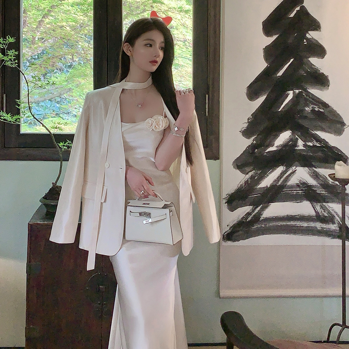 Elegant White Satin Slip Dress for Summer - Long Slim Fit Bodycon Style, Perfect for Parties and Events