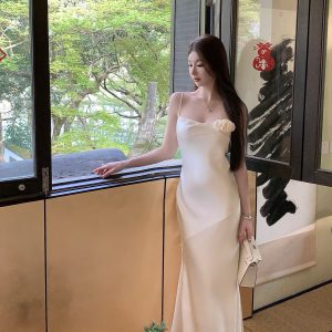 Elegant White Satin Slip Dress for Summer - Long Slim Fit Bodycon Style, Perfect for Parties and Events