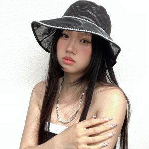 Elegant Wide-Brimmed Sun Hat for Women, Vintage Pearl Fisherman Style Satin Fashion Hat, Chic Sun Protection Accessory