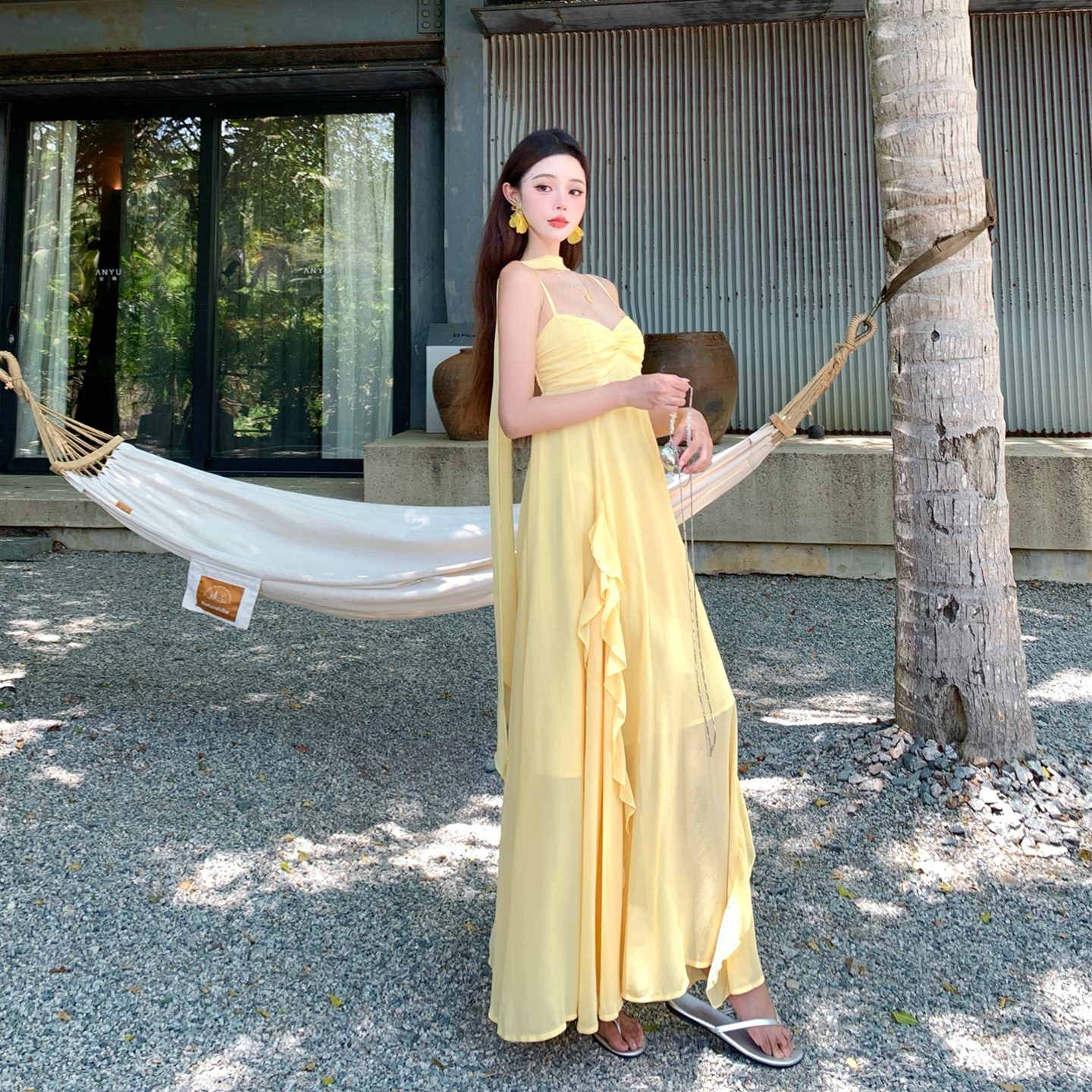 Elegant Yellow Chiffon Backless Spaghetti Strap Long Dress with Flowing Ribbon - Ankle-Length Greek Goddess Style for Beach Vacations