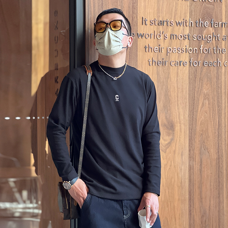 Embroidered Fleece Long-Sleeve T-Shirt for Men, Solid Color, Half-High Collar, Casual Warm Base Layer for Autumn & Winter