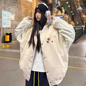 Embroidered Letter Baseball Jacket - Ethnic Style Loose Coat for Spring 2025 - Trendy 90s Inspired Fashion