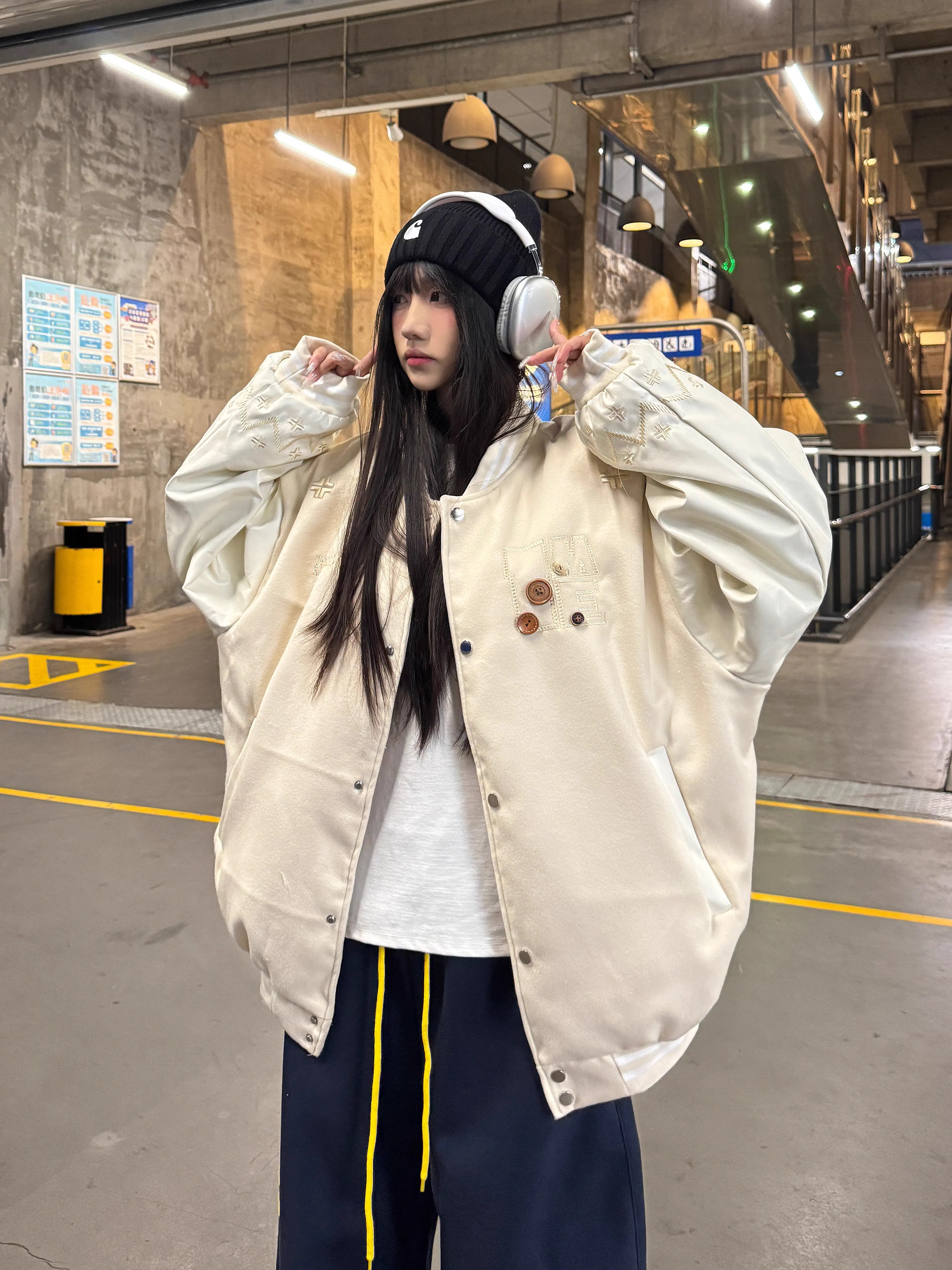 Embroidered Letter Baseball Jacket - Ethnic Style Loose Coat for Spring 2025 - Trendy 90s Inspired Fashion