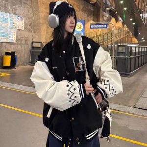 Embroidered Letter Baseball Jacket - Ethnic Style Loose Coat for Spring 2025 - Trendy 90s Inspired Fashion