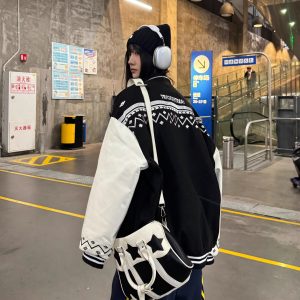 Embroidered Letter Baseball Jacket - Ethnic Style Loose Coat for Spring 2025 - Trendy 90s Inspired Fashion