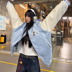 Embroidered Letter Baseball Jacket - Ethnic Style Loose Coat for Spring 2025 - Trendy 90s Inspired Fashion
