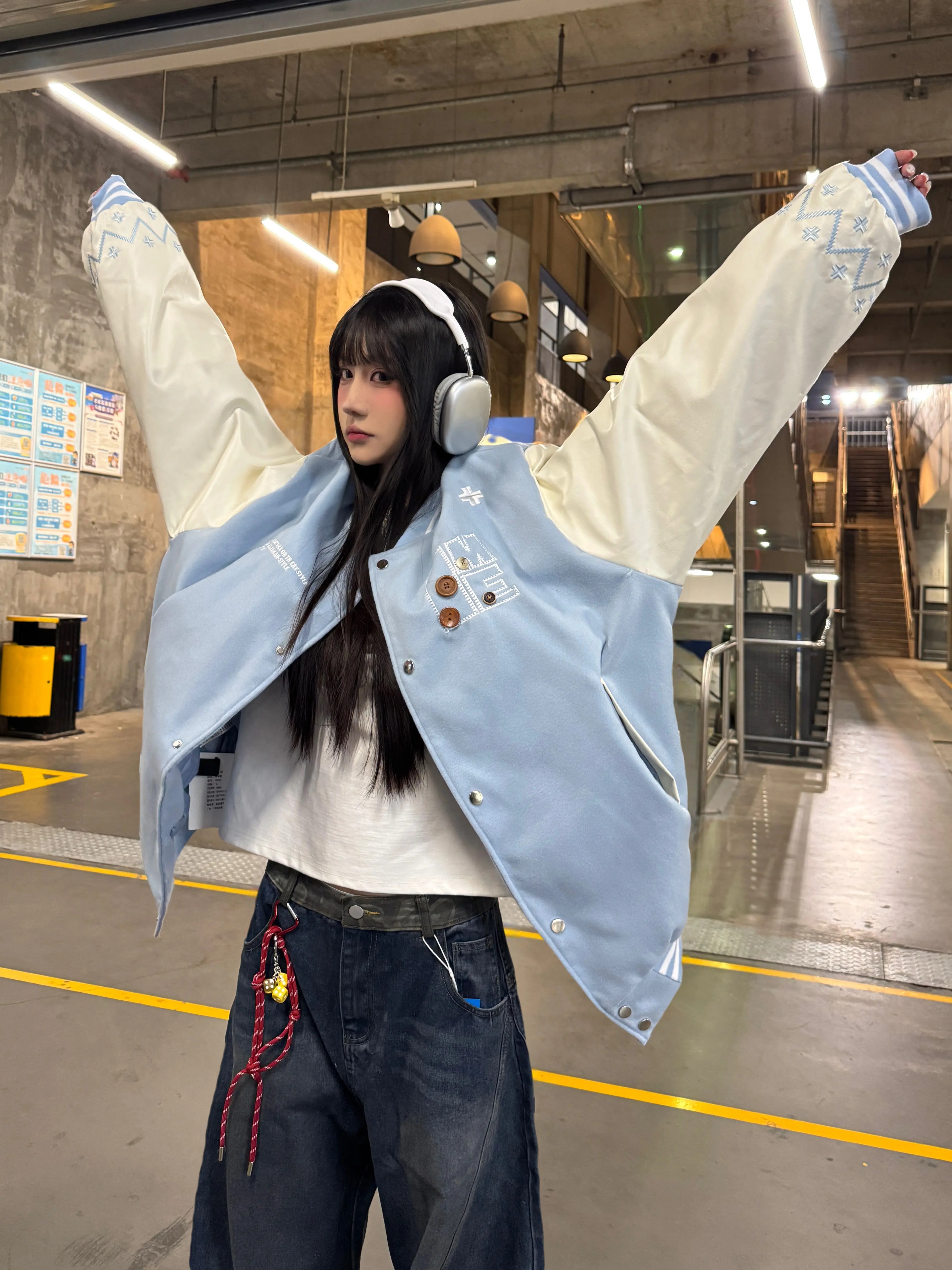 Embroidered Letter Baseball Jacket - Ethnic Style Loose Coat for Spring 2025 - Trendy 90s Inspired Fashion