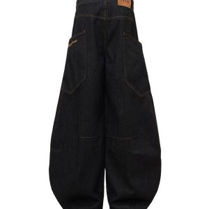 Embroidered Letter Pocket Cargo Wide-Leg Baggy Jeans - American Original Denim Curved Knife Pants for 90s Y2K Style