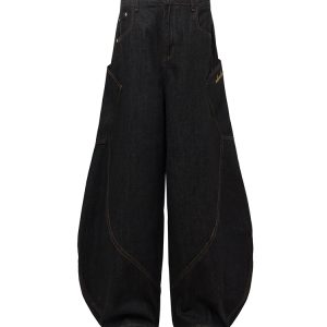 Embroidered Letter Pocket Cargo Wide-Leg Baggy Jeans - American Original Denim Curved Knife Pants for 90s Y2K Style