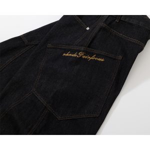Embroidered Letter Pocket Cargo Wide-Leg Baggy Jeans - American Original Denim Curved Knife Pants for 90s Y2K Style