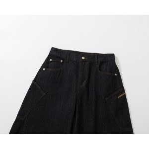 Embroidered Letter Pocket Cargo Wide-Leg Baggy Jeans - American Original Denim Curved Knife Pants for 90s Y2K Style