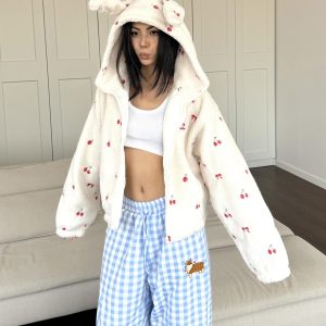 Embroidered Rabbit Ears Lamb Wool Short Coat with Cherry Print - Sweet & Spicy Autumn/Winter Loose Top