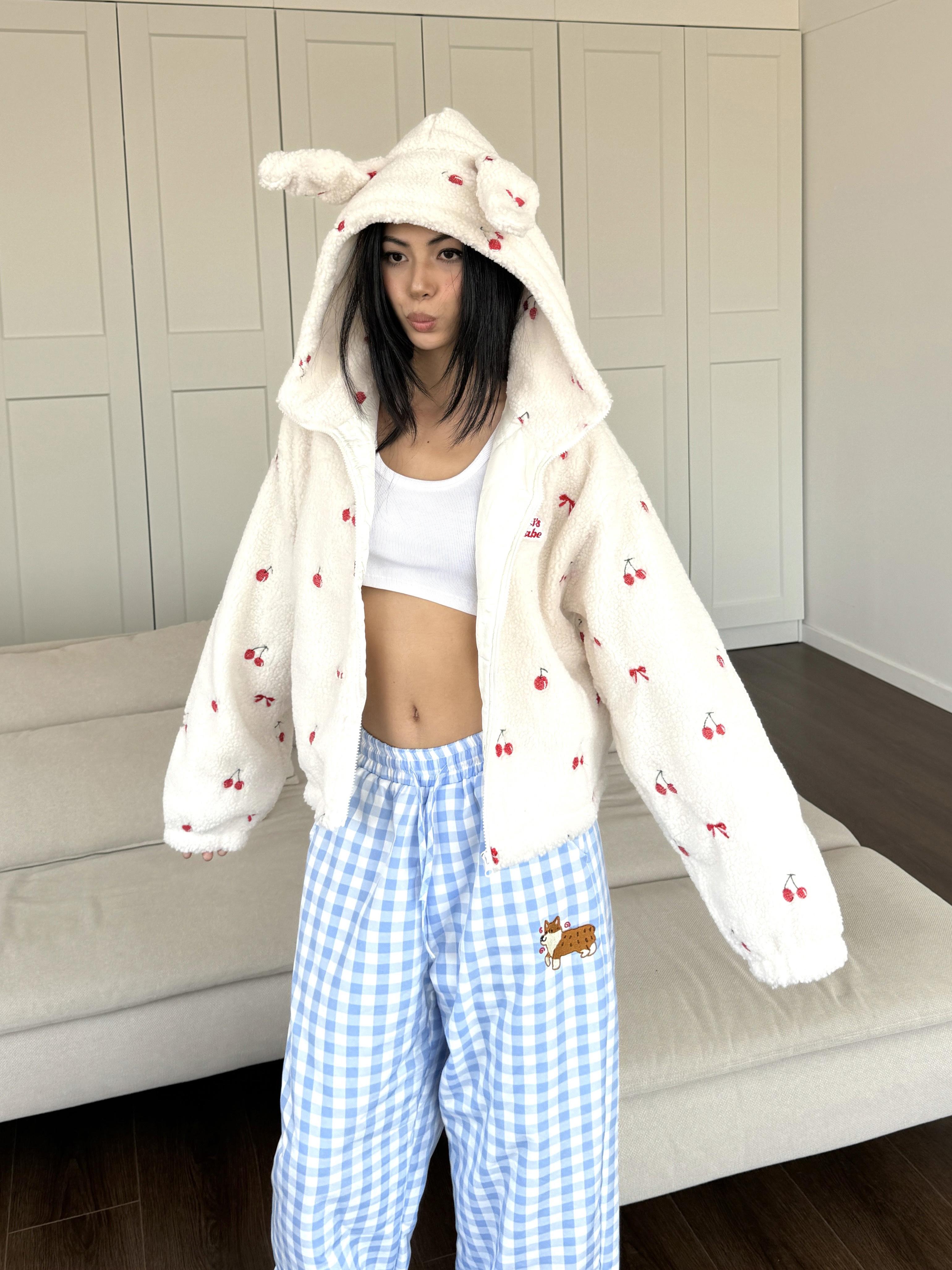 Embroidered Rabbit Ears Lamb Wool Short Coat with Cherry Print - Sweet & Spicy Autumn/Winter Loose Top