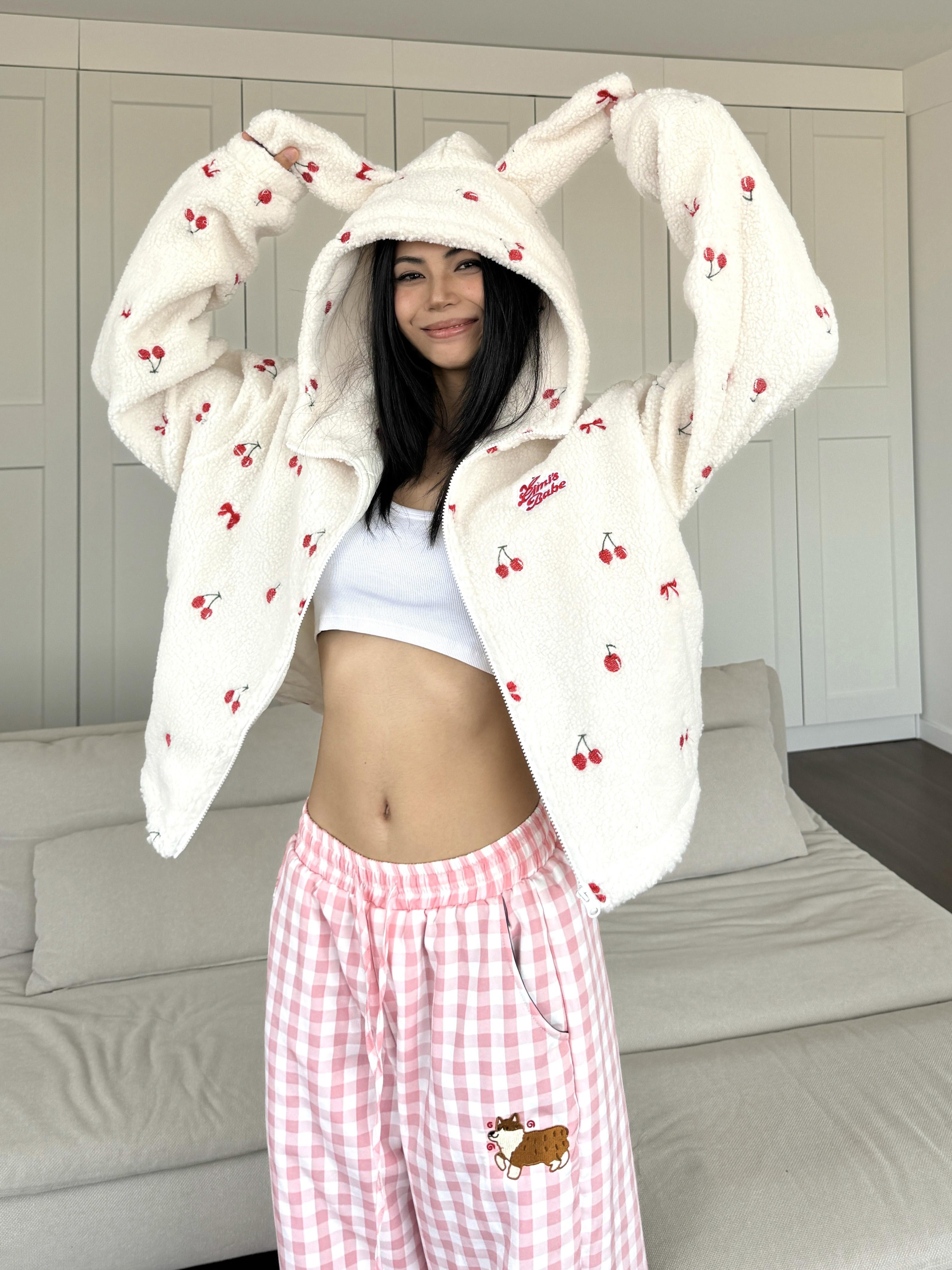 Embroidered Rabbit Ears Lamb Wool Short Coat with Cherry Print - Sweet & Spicy Autumn/Winter Loose Top