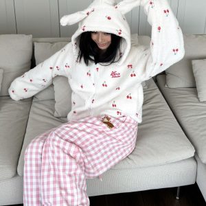 Embroidered Rabbit Ears Lamb Wool Short Coat with Cherry Print - Sweet & Spicy Autumn/Winter Loose Top