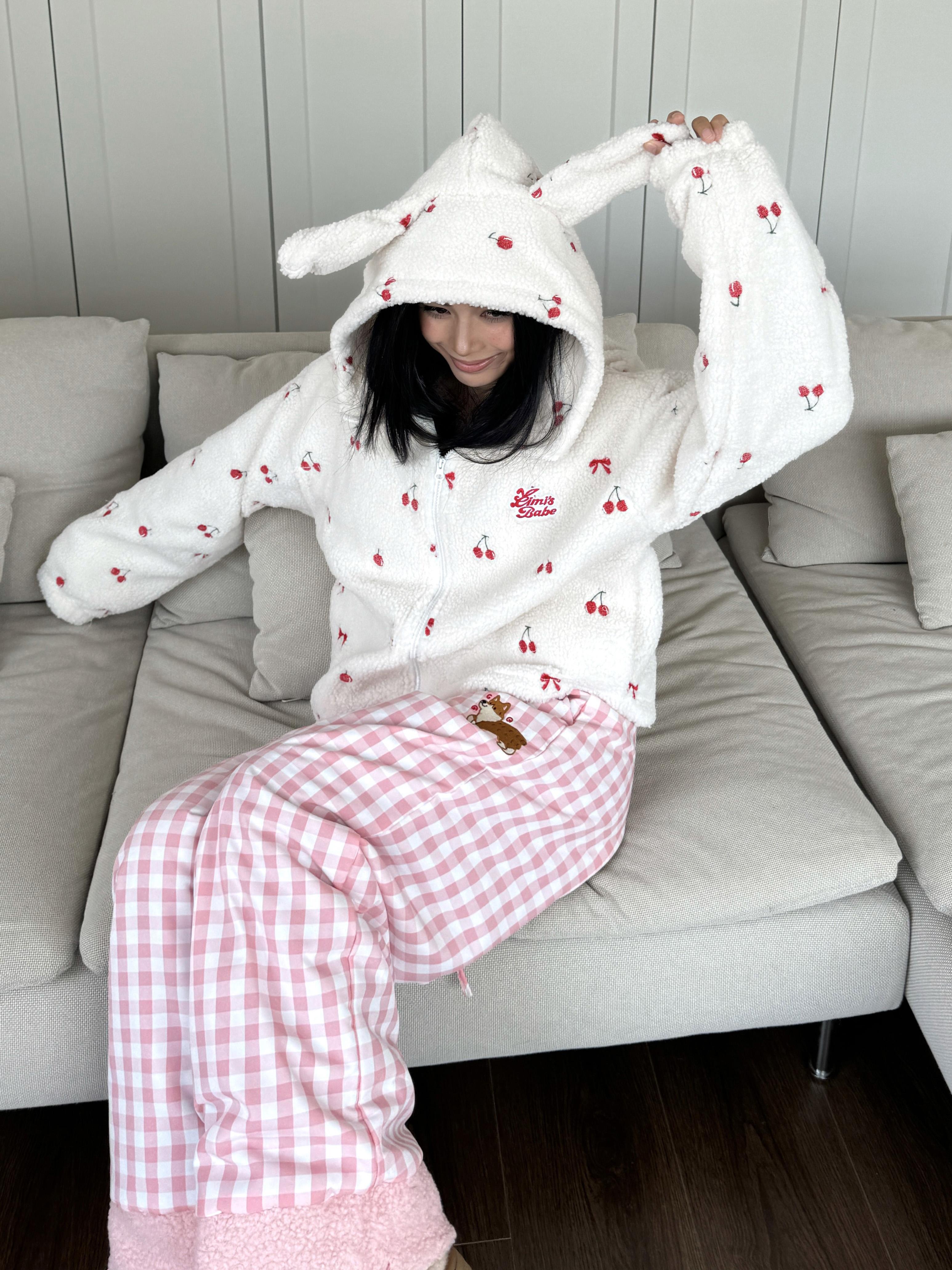 Embroidered Rabbit Ears Lamb Wool Short Coat with Cherry Print - Sweet & Spicy Autumn/Winter Loose Top