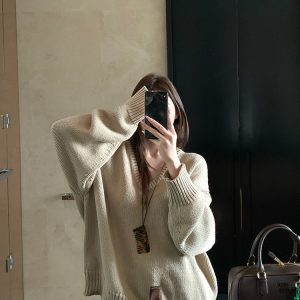 Endless Holiday Oversized V-Neck Knitted Sweater for Women - Thickened Pullover for Spring and Winter, Cozy Casual Style