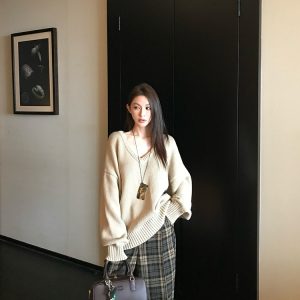 Endless Holiday Oversized V-Neck Knitted Sweater for Women - Thickened Pullover for Spring and Winter, Cozy Casual Style