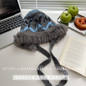 Ethnic Design Knitted Rabbit Fur Yarn Hat for Women - Warm Ear Protection for Autumn & Winter, Cozy Lei Feng Style