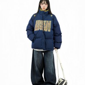 Ethnic Embroidery Stand Collar Puffer Jacket - Thick Warm Cotton Winter Coat in National Trend Small Fragrant Style