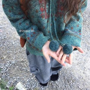 Ethnic Style Diamond Pattern Pullover Sweater with Drawstring and Pom-Pom – Cozy Knit for Winter Vibes