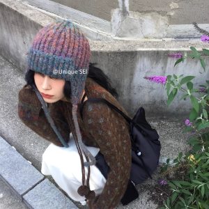 Ethnic Style Diamond Pattern Pullover Sweater with Drawstring and Pom-Pom – Cozy Knit for Winter Vibes