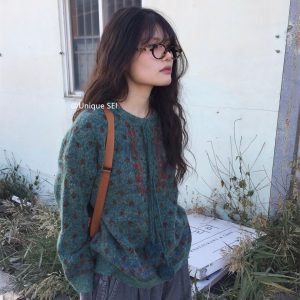 Ethnic Style Diamond Pattern Pullover Sweater with Drawstring and Pom-Pom – Cozy Knit for Winter Vibes