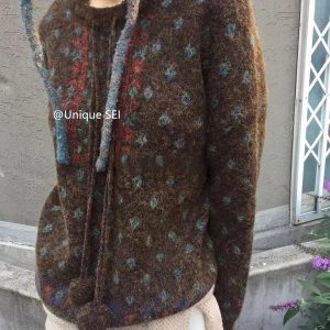 Ethnic Style Diamond Pattern Pullover Sweater with Drawstring and Pom-Pom – Cozy Knit for Winter Vibes