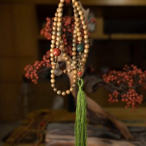Ethnic Style Green Sandalwood Multi-Circle Bracelet Necklace for Women and Men, 108 Beads Prayer Beads, Bohemian Buddhist Jewelry