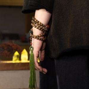 Ethnic Style Green Sandalwood Multi-Circle Bracelet Necklace for Women and Men, 108 Beads Prayer Beads, Bohemian Buddhist Jewelry