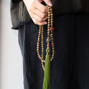 Ethnic Style Green Sandalwood Multi-Circle Bracelet Necklace for Women and Men, 108 Beads Prayer Beads, Bohemian Buddhist Jewelry
