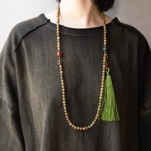 Ethnic Style Green Sandalwood Multi-Circle Bracelet Necklace for Women and Men, 108 Beads Prayer Beads, Bohemian Buddhist Jewelry