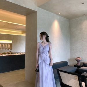 Evening Purple Heavy Cold Feel Pleated Camisole & Spliced Mesh Skirt Set for Women - Y2K Inspired Fashion