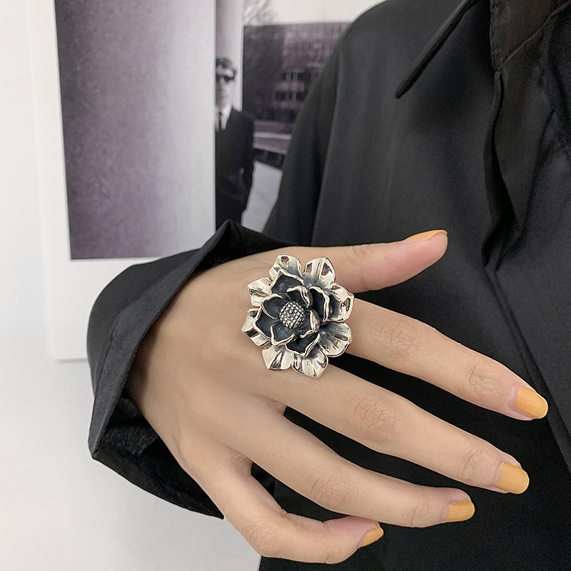Exaggerated Silver Flower Ring - Peony Bloom Open Ring, Vintage 2025 Retro Minimalist Trendy Atmospheric Jewelry