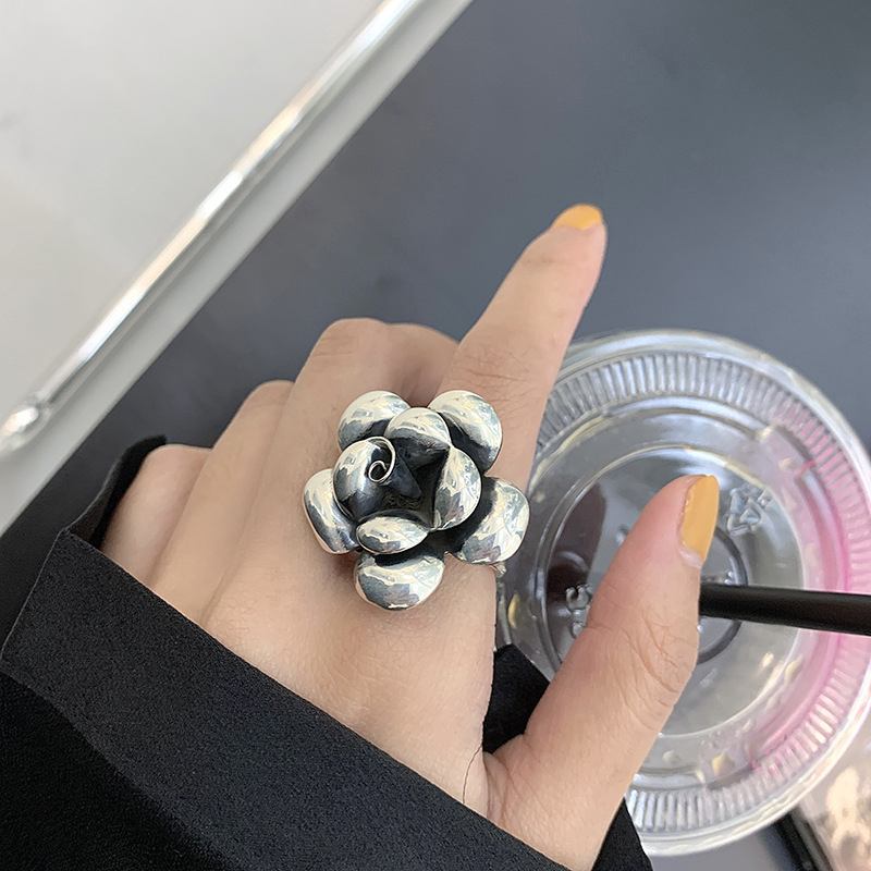 Exaggerated Silver Flower Ring - Peony Bloom Open Ring, Vintage 2025 Retro Minimalist Trendy Atmospheric Jewelry
