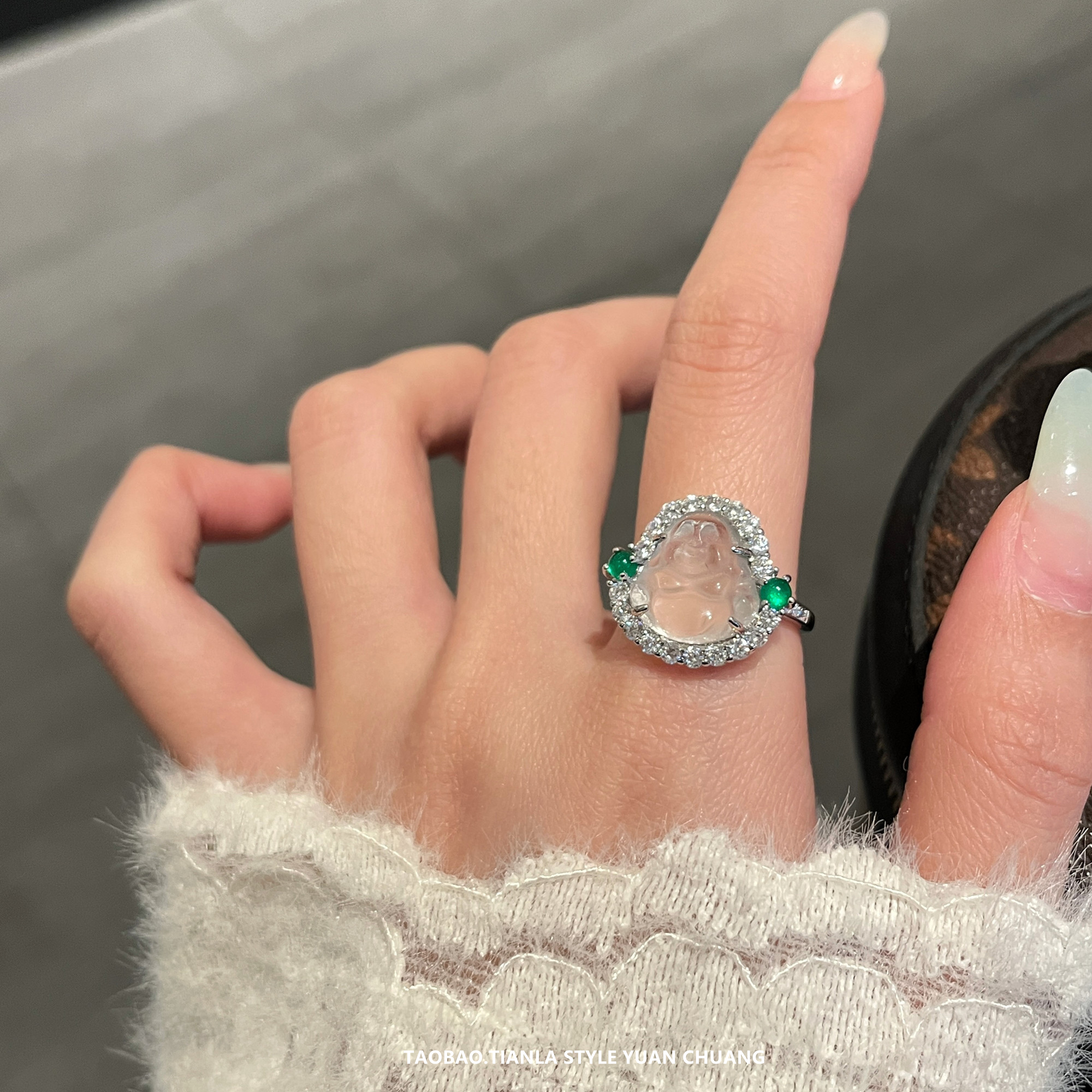 Exquisite Diamond-Inlaid Imitation Jadeite Buddha Ring for Women - Lightweight Luxury High-End Design for 2025