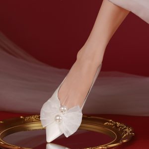 Exquisite French Low-Heeled Wedding Shoes with Bow - 3cm Comfortable Flats for Everyday Wear, Perfect for Brides