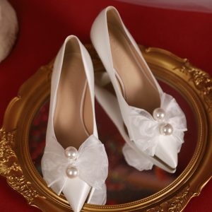 Exquisite French Low-Heeled Wedding Shoes with Bow - 3cm Comfortable Flats for Everyday Wear, Perfect for Brides